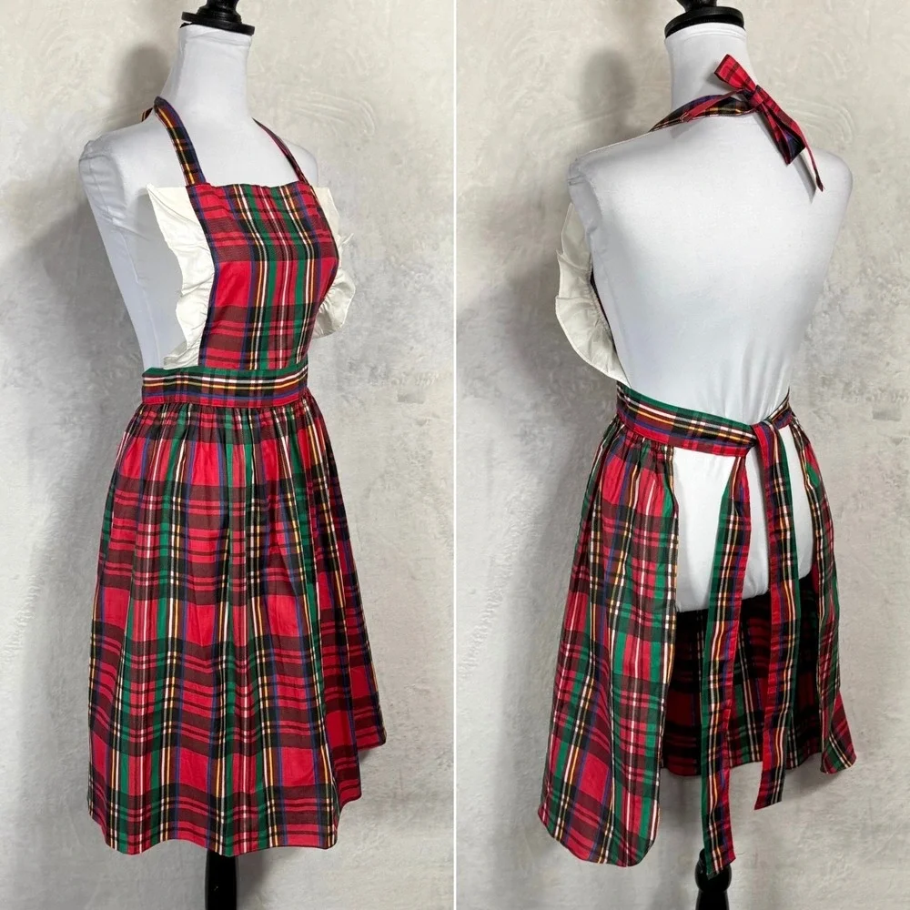 Vintage 70s Plaid Pinafore Apron Dress Ruffle Bib‎ Tie Back Lady One Size USA